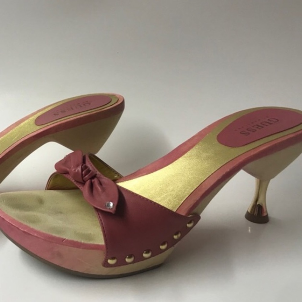 Guess wooden kitten heel pink bow vintage platform